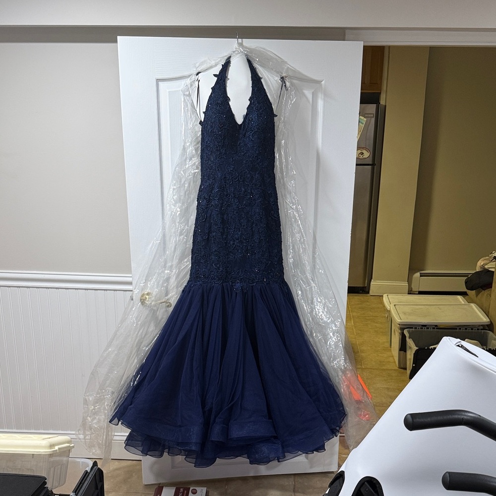 Navy Blue Lace Halter Dress